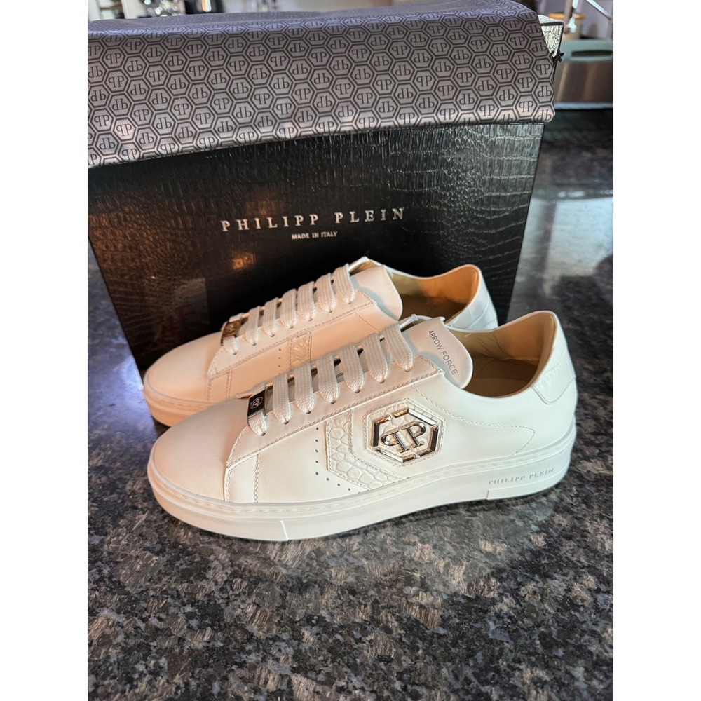 Philipp Plein Arrow Force White Leather Low Top Sneakers Hexagon Logo Made Italy